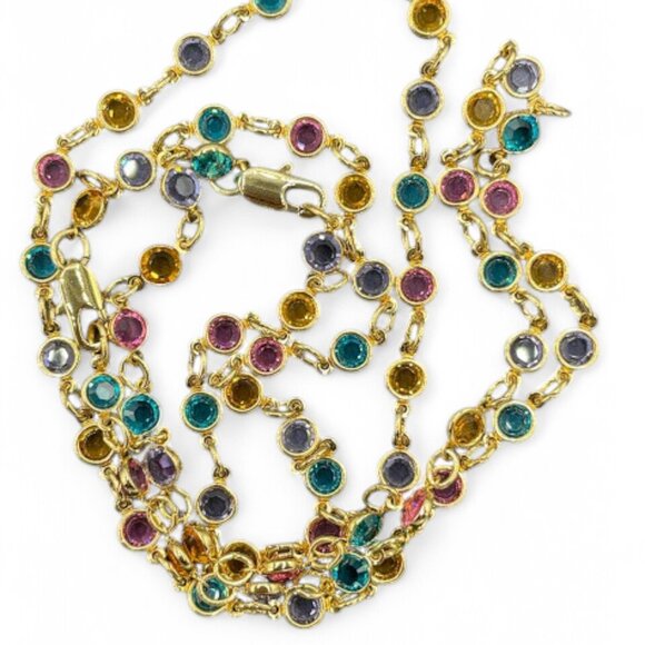 Multicolor Bezel Set Crystal Gold Plated Necklace Bracelet Set Dainty Layering - Picture 1 of 7